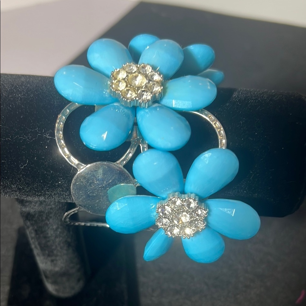 Blue Floral Bracelet with Silver Accents and Rhinestones